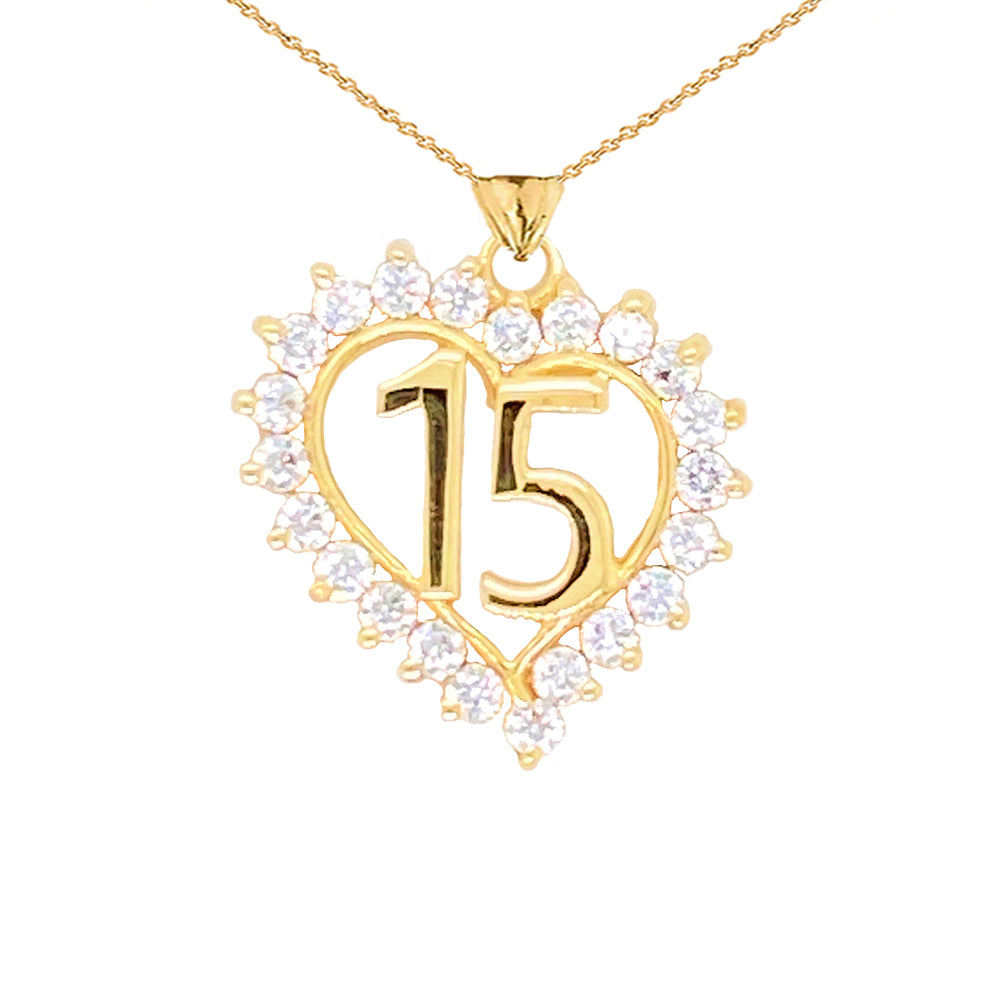 Gold Studded Cubic Zirconia Heart 15 Años Quinceañera Pendant Necklace, view 2