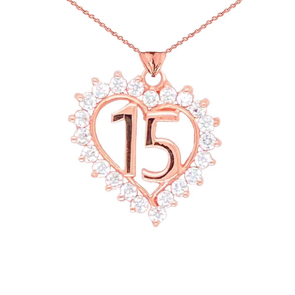 Gold Studded Cubic Zirconia Heart 15 Años Quinceañera Pendant Necklace, view 4