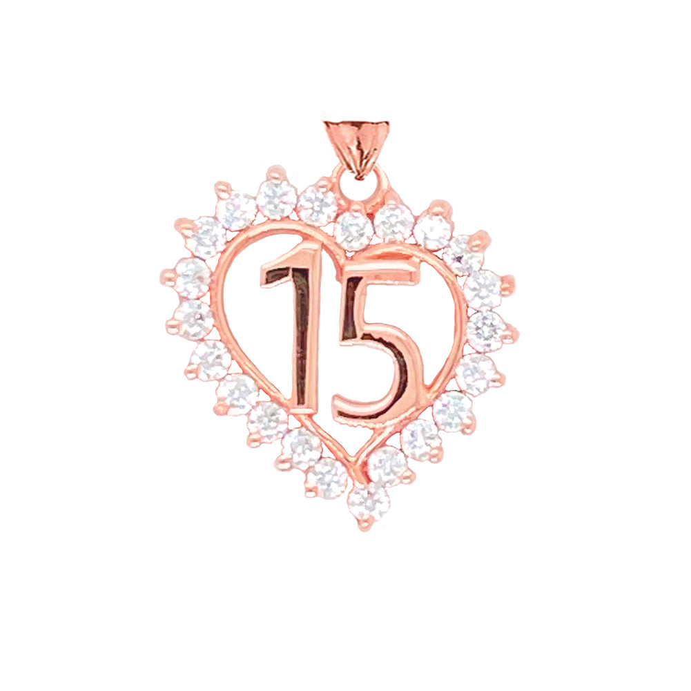 Gold Studded Cubic Zirconia Heart 15 Años Quinceañera Pendant Necklace, view 5