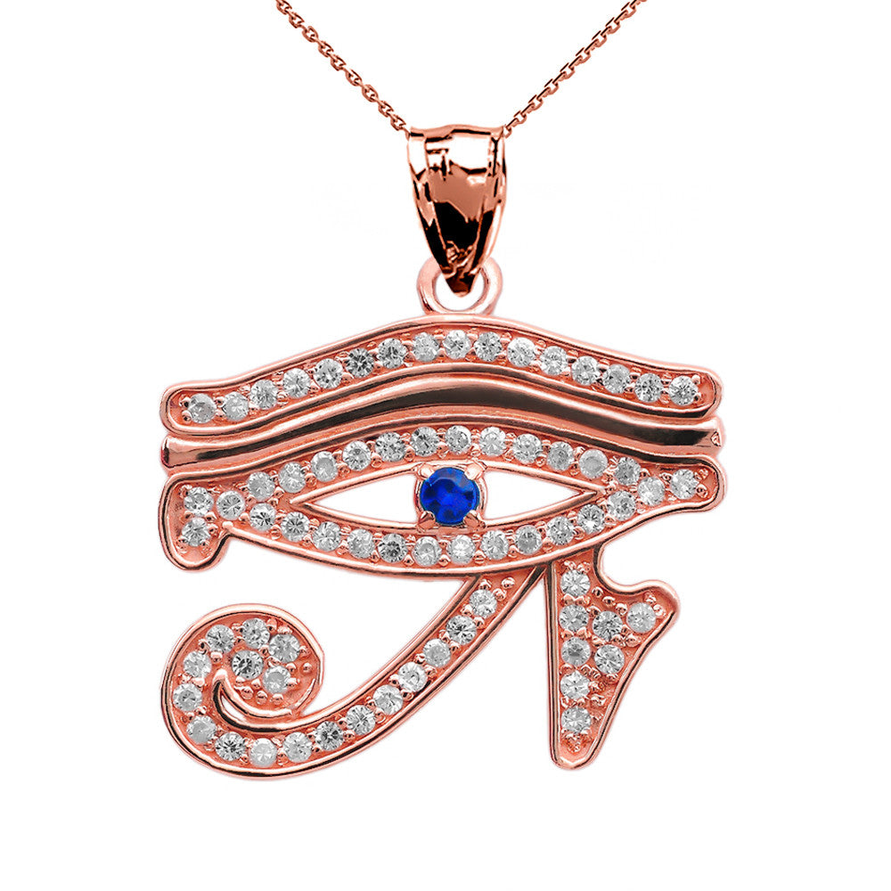 Gold Studded Egyptian Eye of Horus Wedjat Blue Sapphire Pendant Necklace, view 5