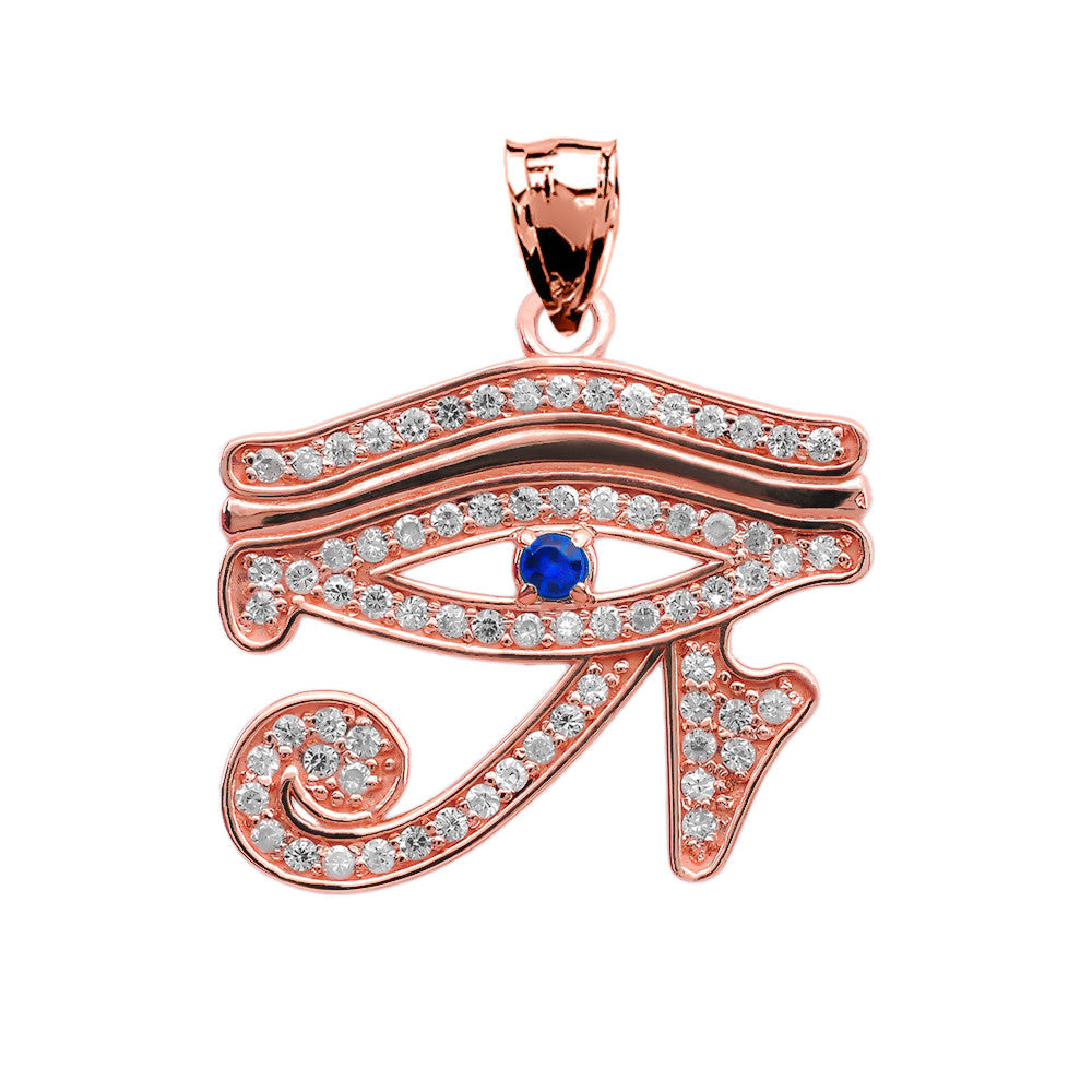 Gold Studded Egyptian Eye of Horus Wedjat Blue Sapphire Pendant Necklace, view 6