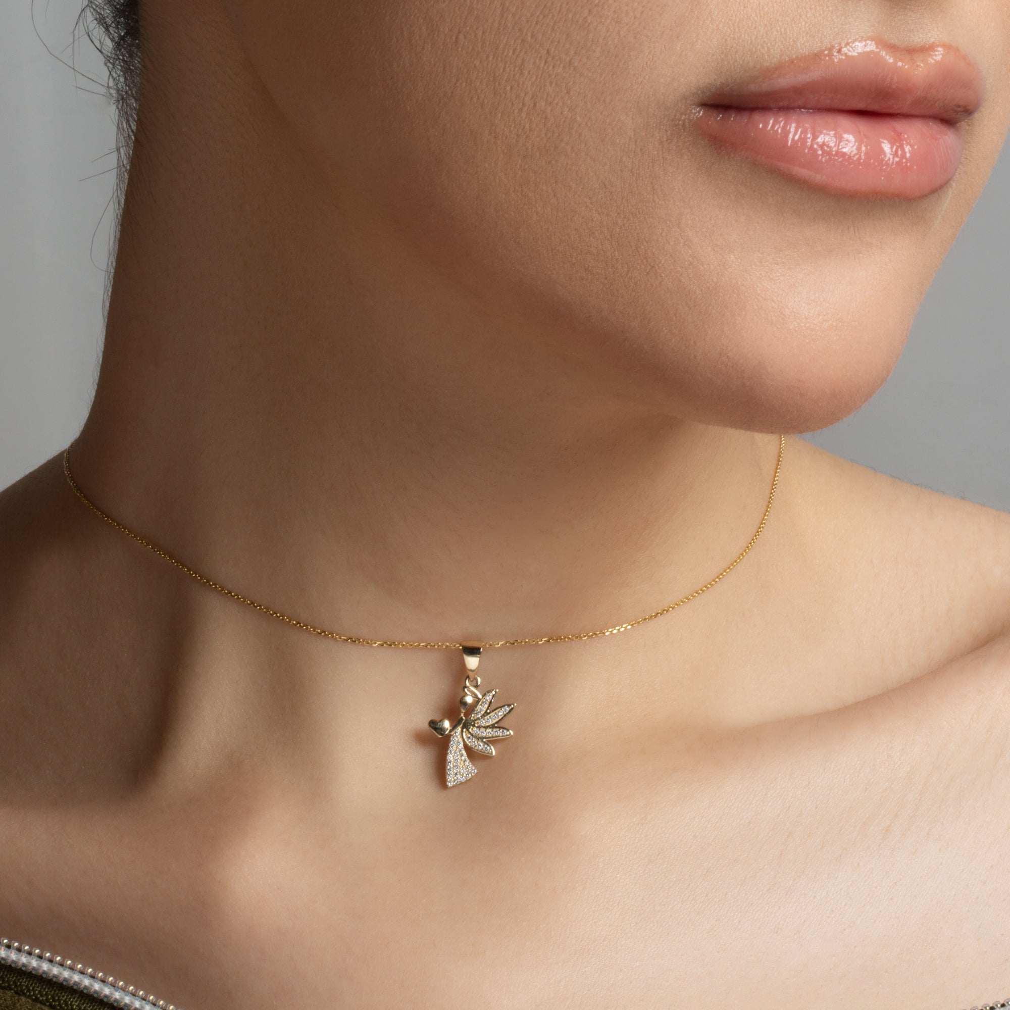 Gold Studded Guardian Angel Heart Pendant Necklace, view 4