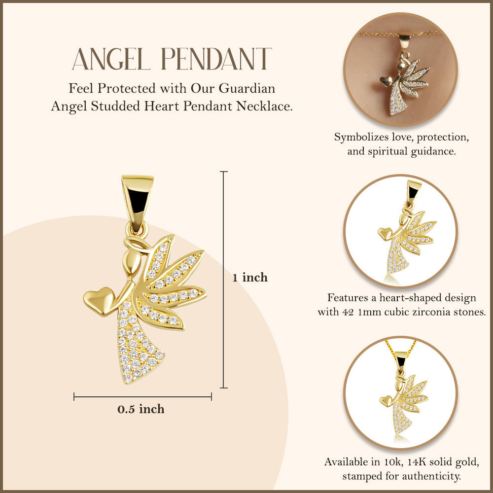 Gold Studded Guardian Angel Heart Pendant Necklace, view 5