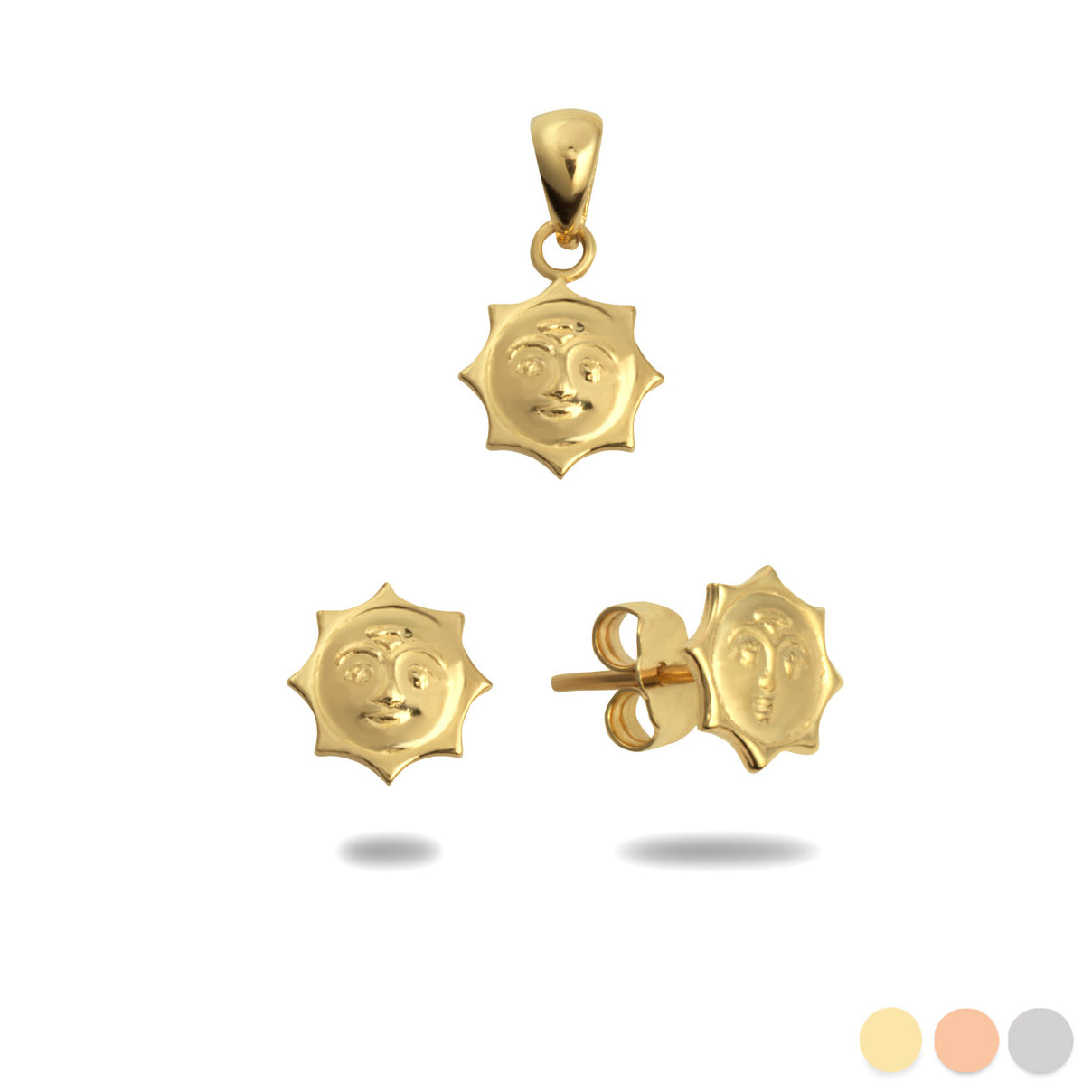 Gold Sun Face Pendant Necklace Stud Earrings Set