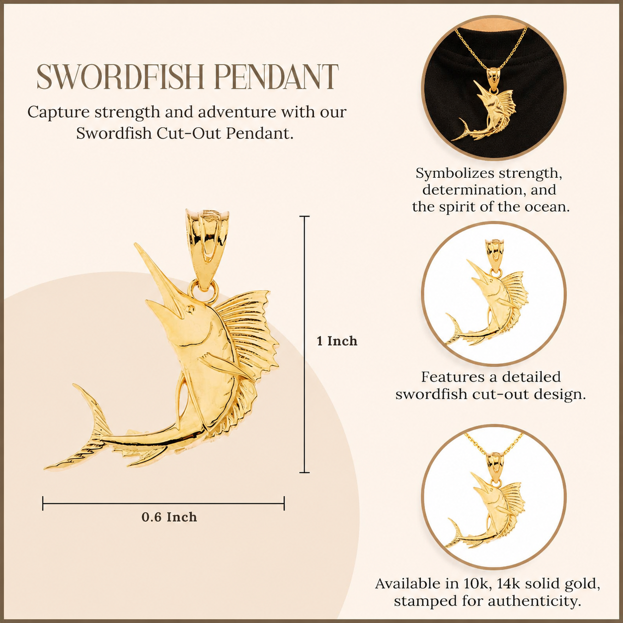 Gold Swordfish Pendant Necklace, view 3