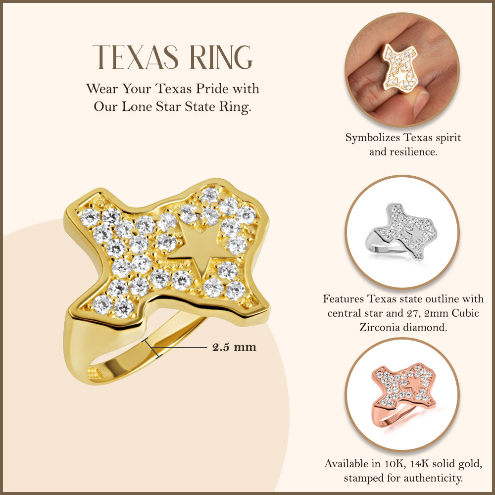 Gold Texas Lone Star State Map Cubic Zirconia Ring, view 3