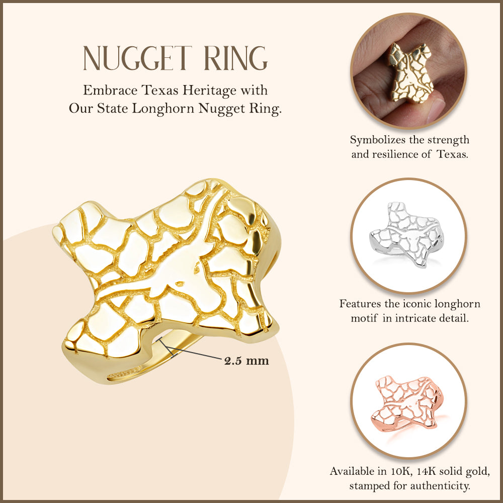 Gold Texas State Longhorn Nugget Ring, view 3