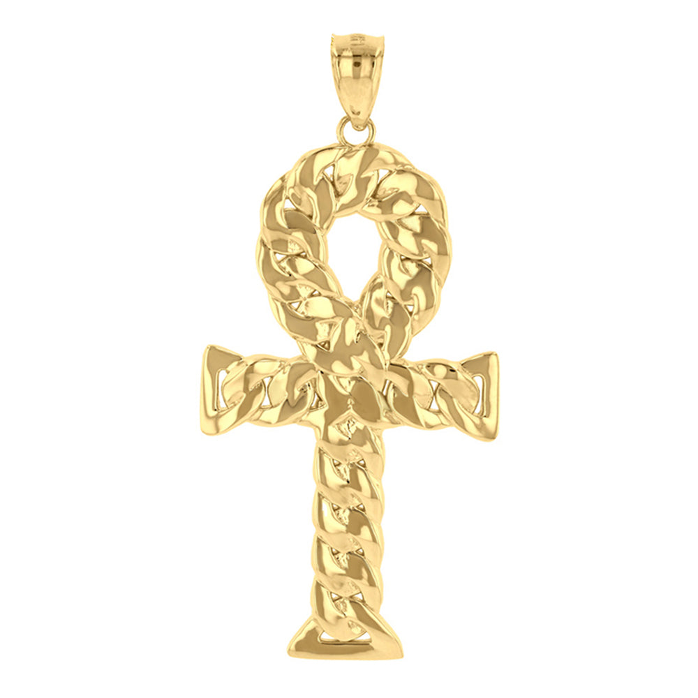 Gold Textured Ankh Egyptian Cross Pendant Necklace, view 2