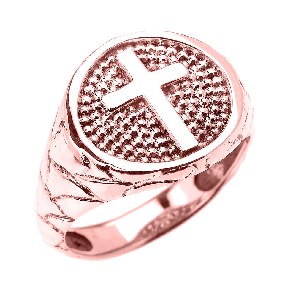 Gold Textured Band Christian Religious Cross Men's Ring, view 2