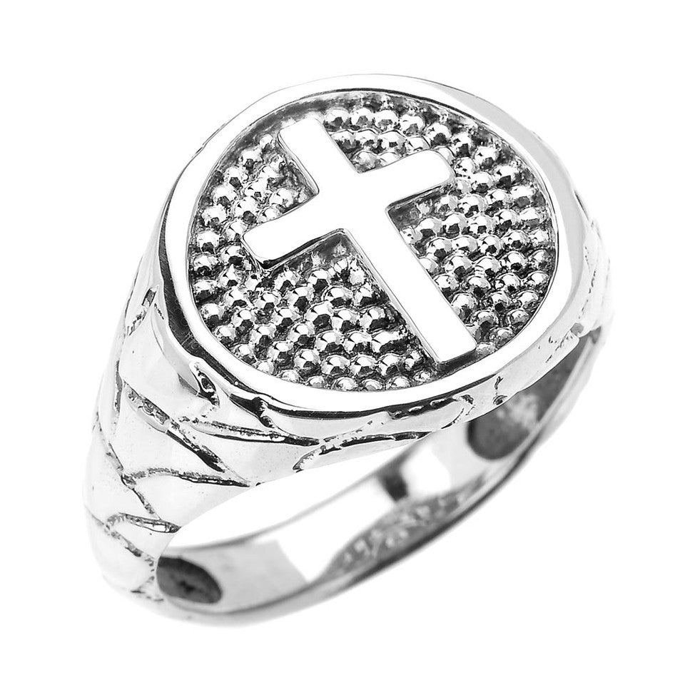 Gold Textured Band Christian Religious Cross Men's Ring, view 3