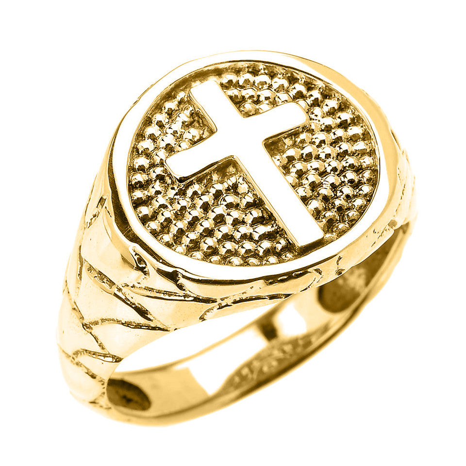 Gold Textured Band Christian Religious Cross Men's Ring, view 4