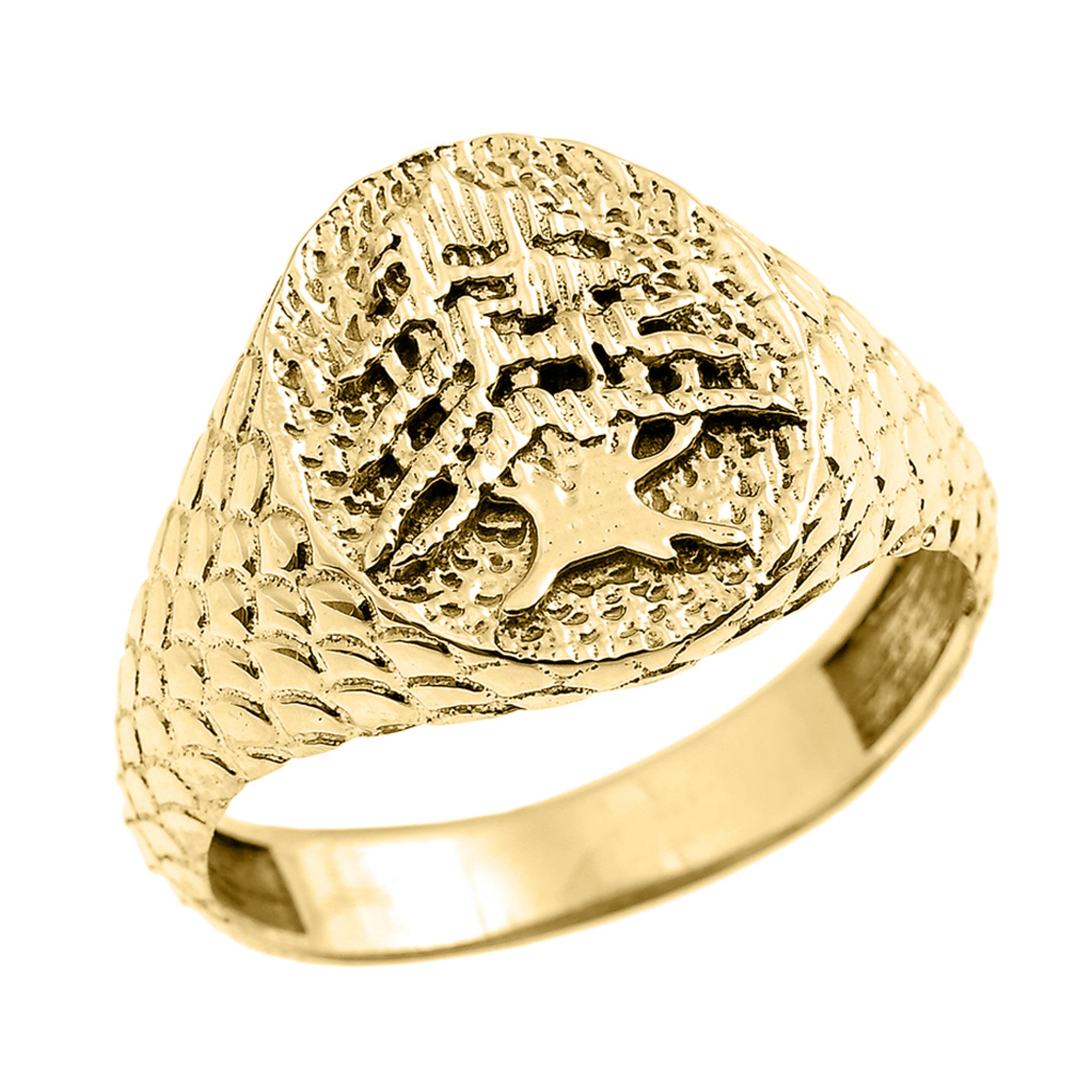 Gold Textured Band Lebanese Cedar Tree Men's Ring, view 4