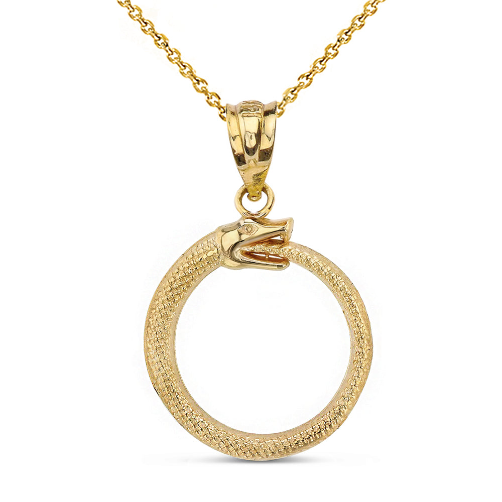 Gold Textured Ouroboros Snake Pendant Necklace