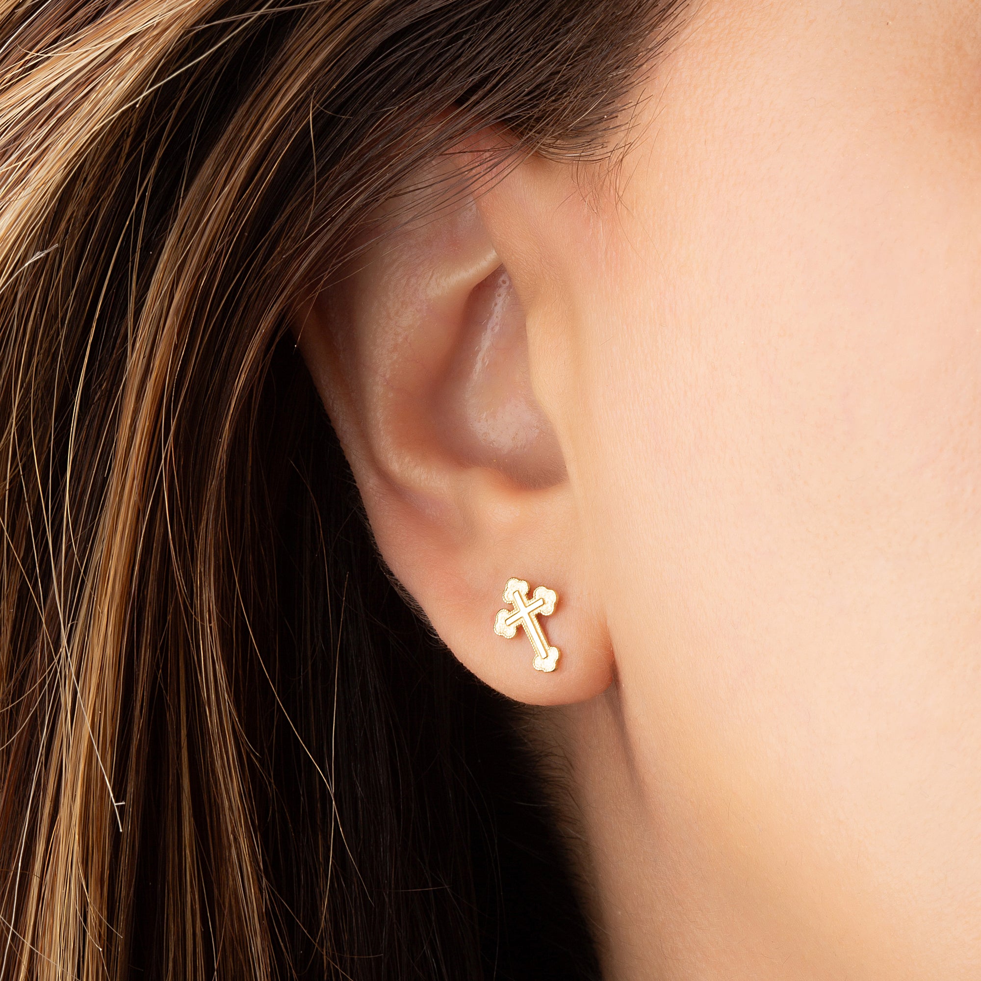 Gold Textured Sacred Cross Stud Earrings, view 2