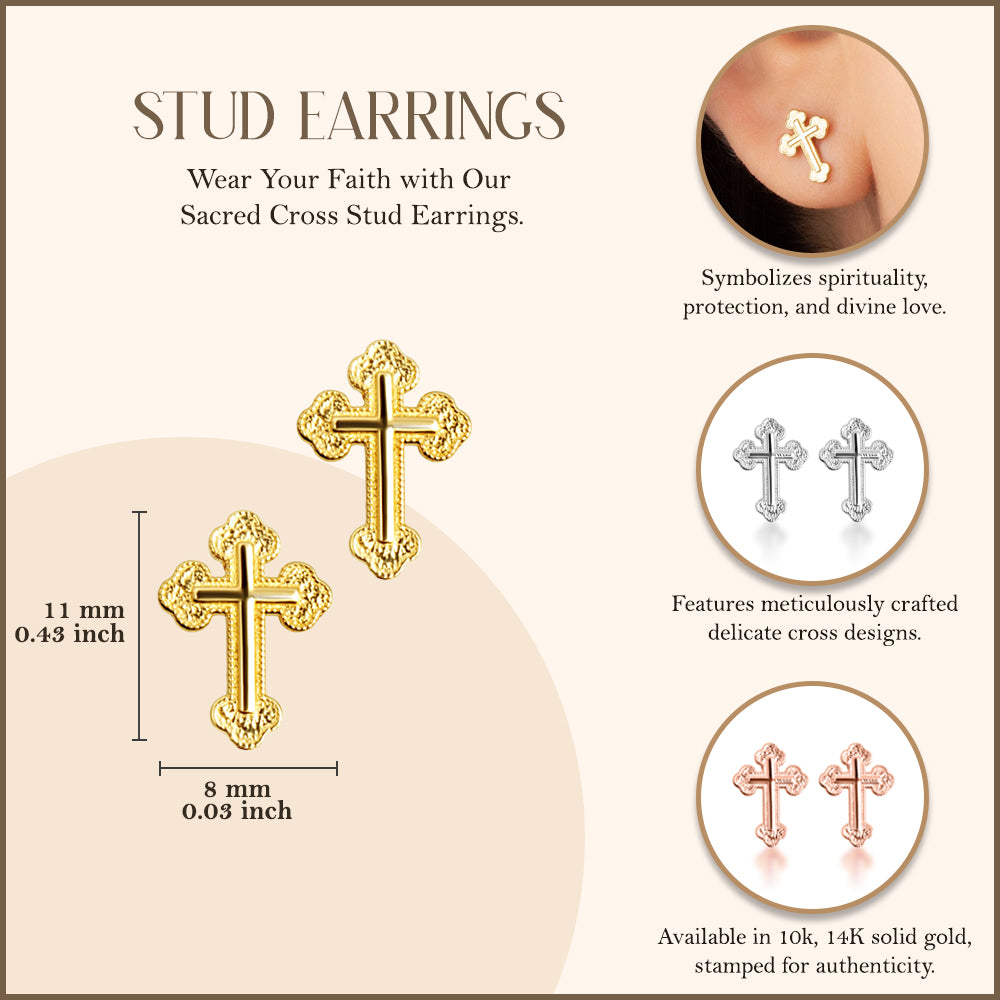 Gold Textured Sacred Cross Stud Earrings, view 3