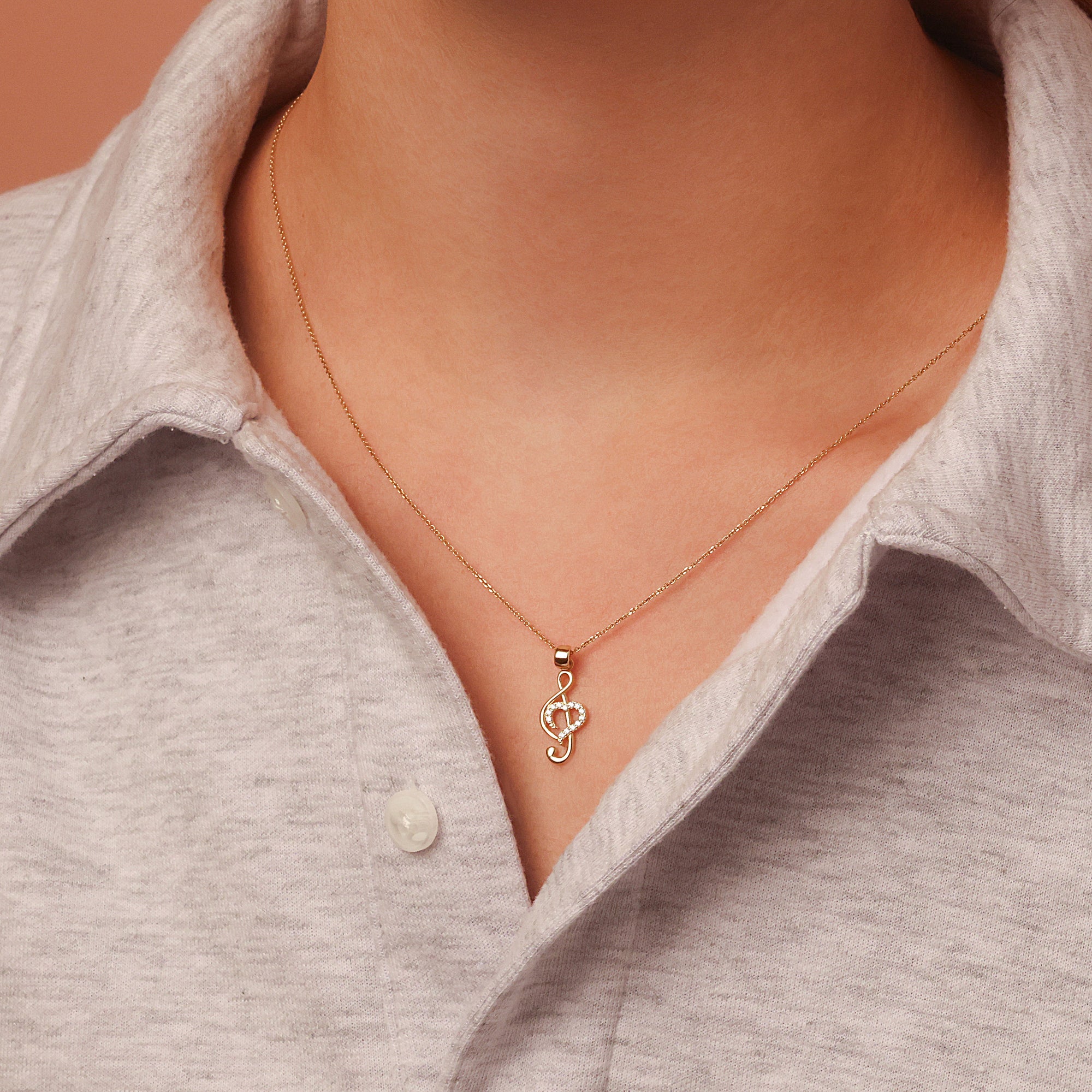 Gold Treble Clef Heart Necklace with Cubic Zirconia, view 2