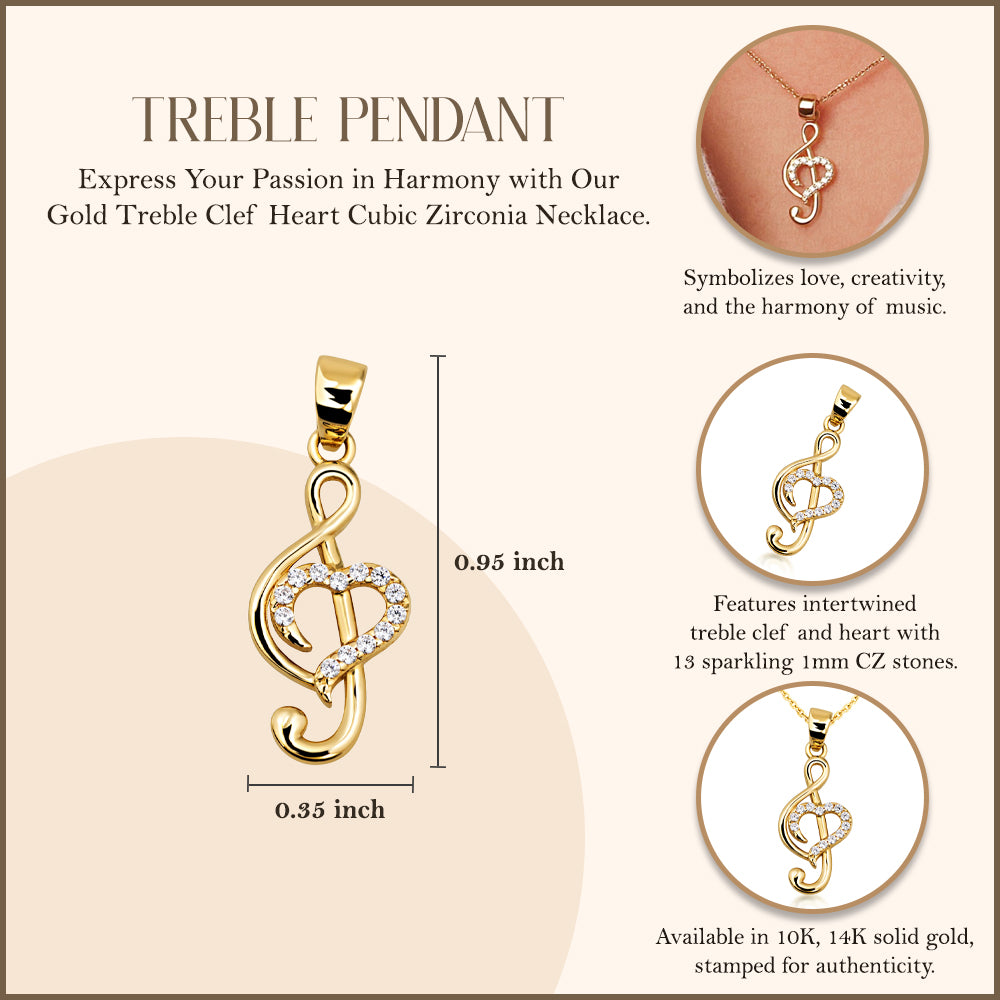 Gold Treble Clef Heart Necklace with Cubic Zirconia, view 3