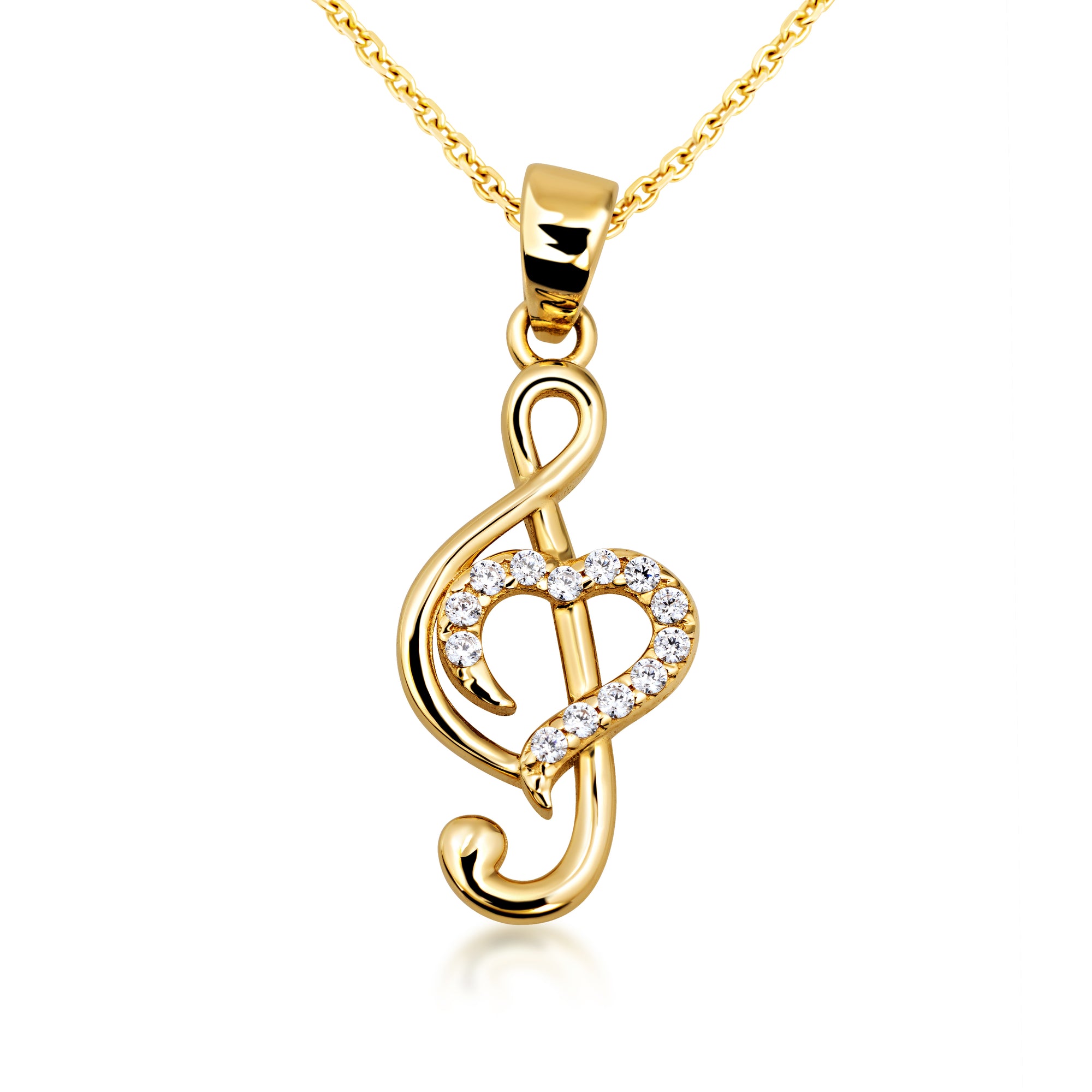 Gold Treble Clef Heart Necklace with Cubic Zirconia, view 4
