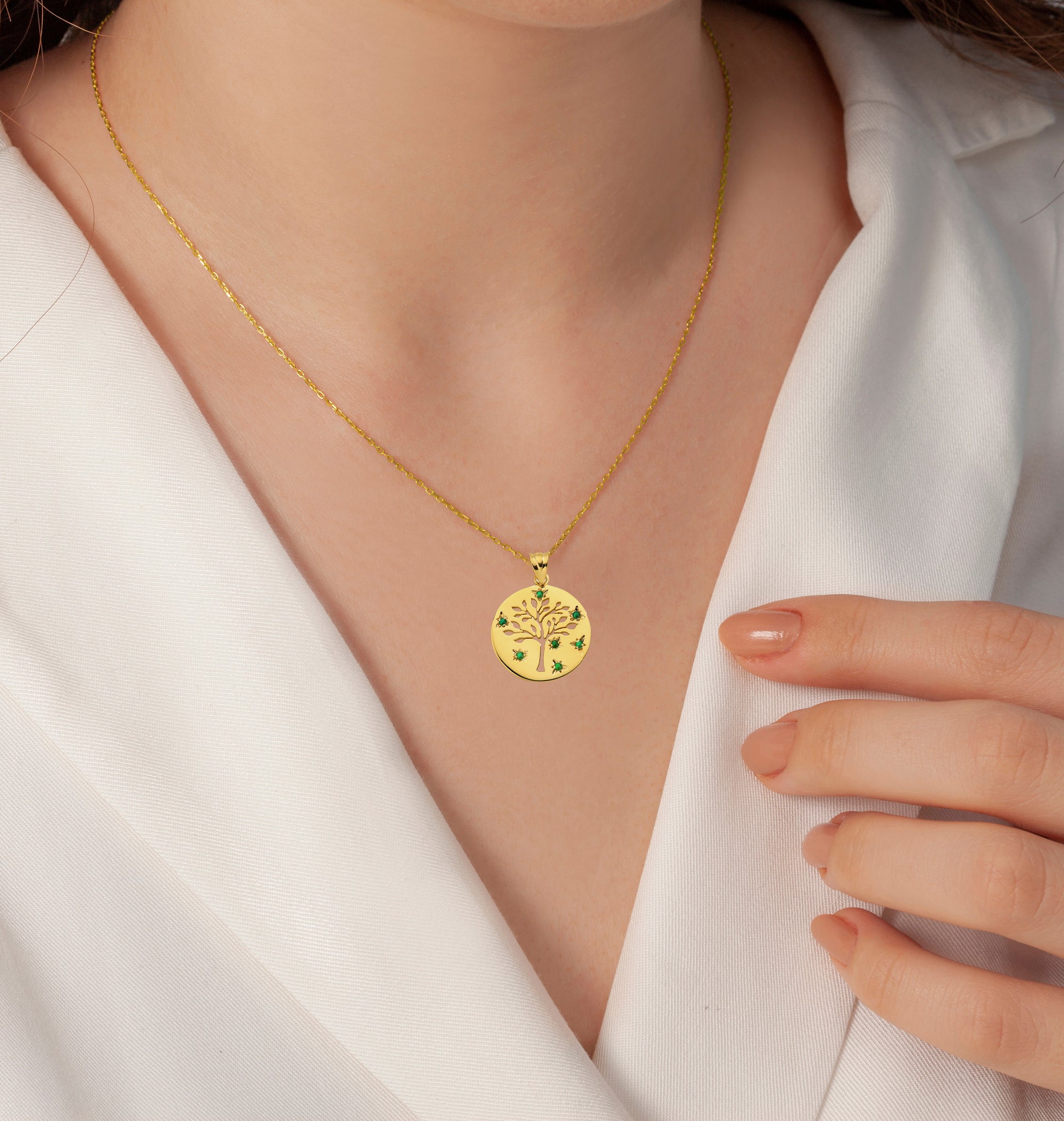 Gold Tree of Life Family Tree Disc Green Lab Created Pendant Necklace, view 2