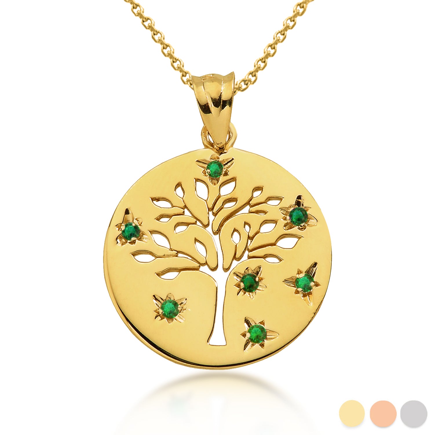 Gold Tree of Life Family Tree Disc Green Lab Created Pendant Necklace, view 3