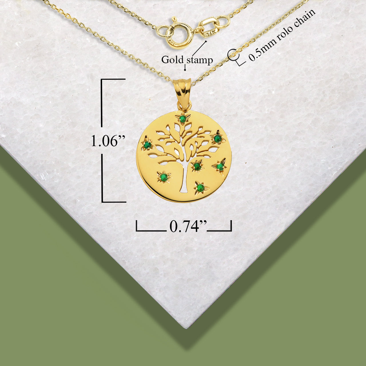 Gold Tree of Life Family Tree Disc Green Lab Created Pendant Necklace, view 4