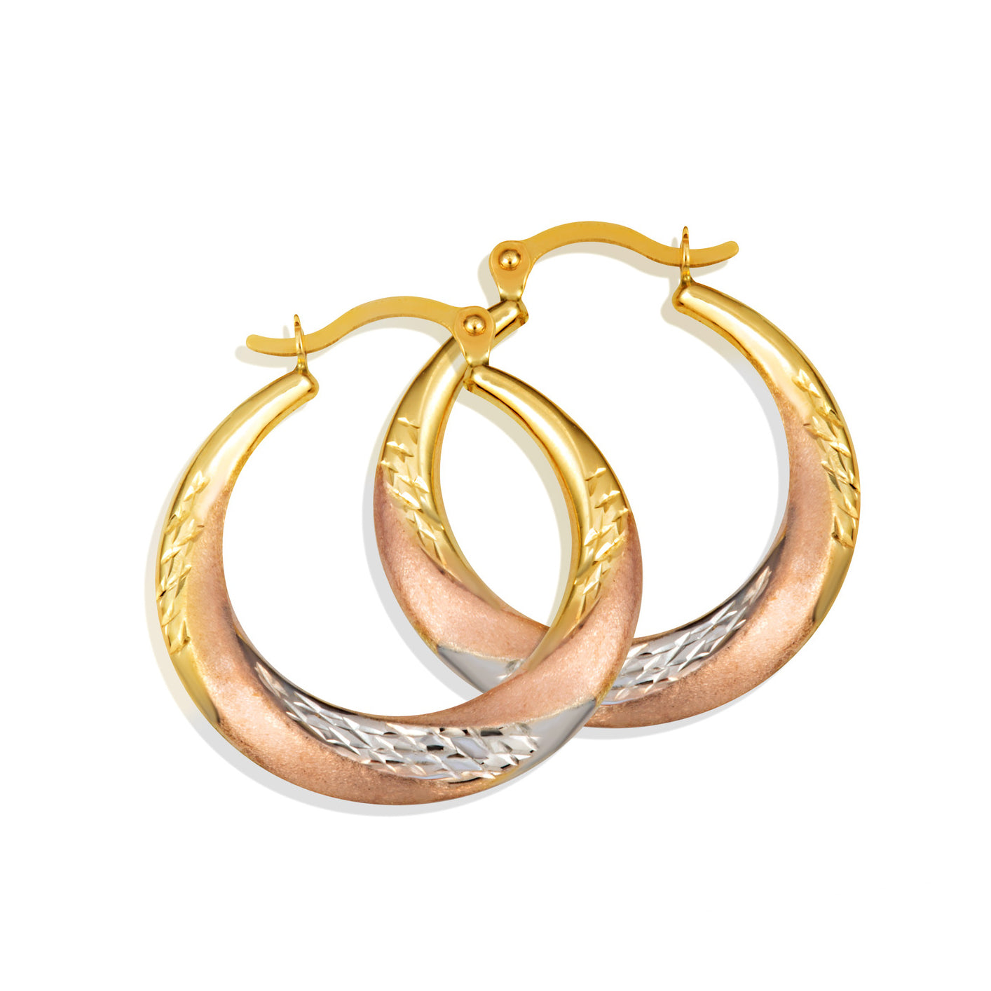 Gold Tri-Color Diamond Cut Hoop Earrings