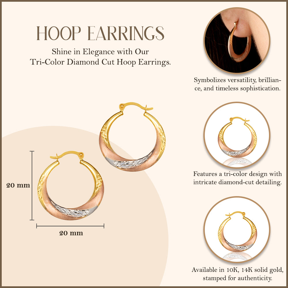 Gold Tri-Color Diamond Cut Hoop Earrings, view 3