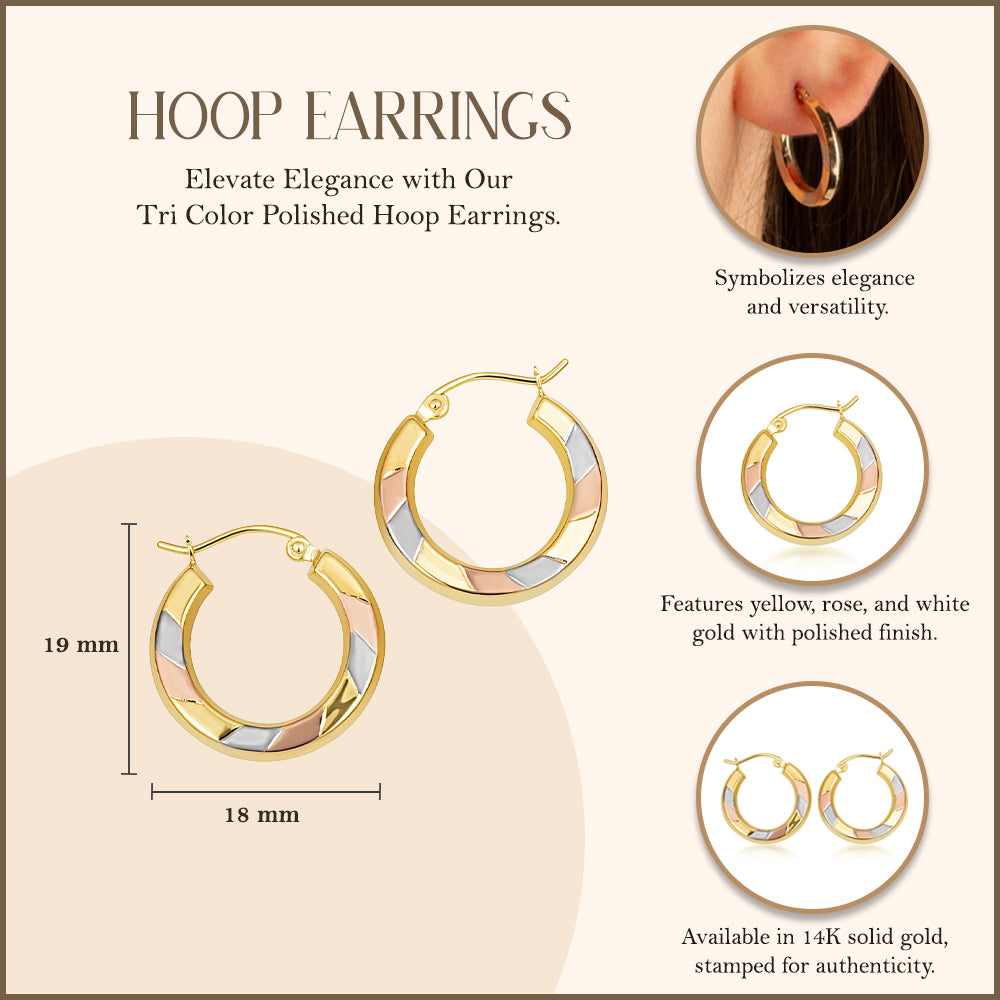 Gold Tri-Color Gold Polished Hoop Earrings, view 3