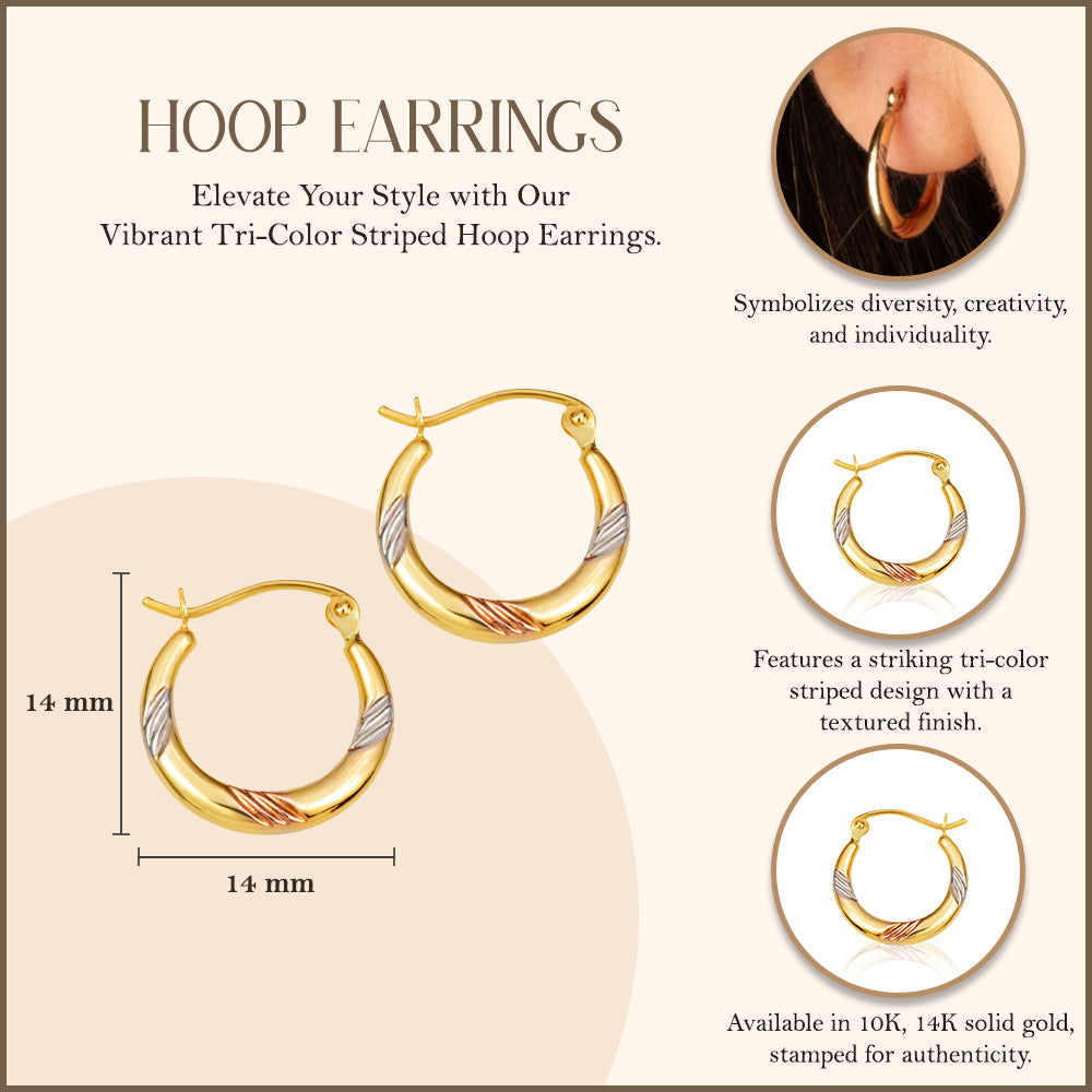 Gold Tri-Color Striped Hoop Earrings, view 3