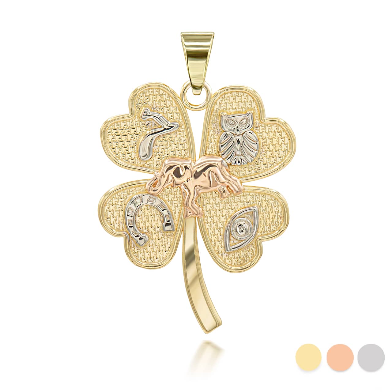 Gold Tri-Tone Four Leaf Clover Good Luck Charm Pendant Necklace