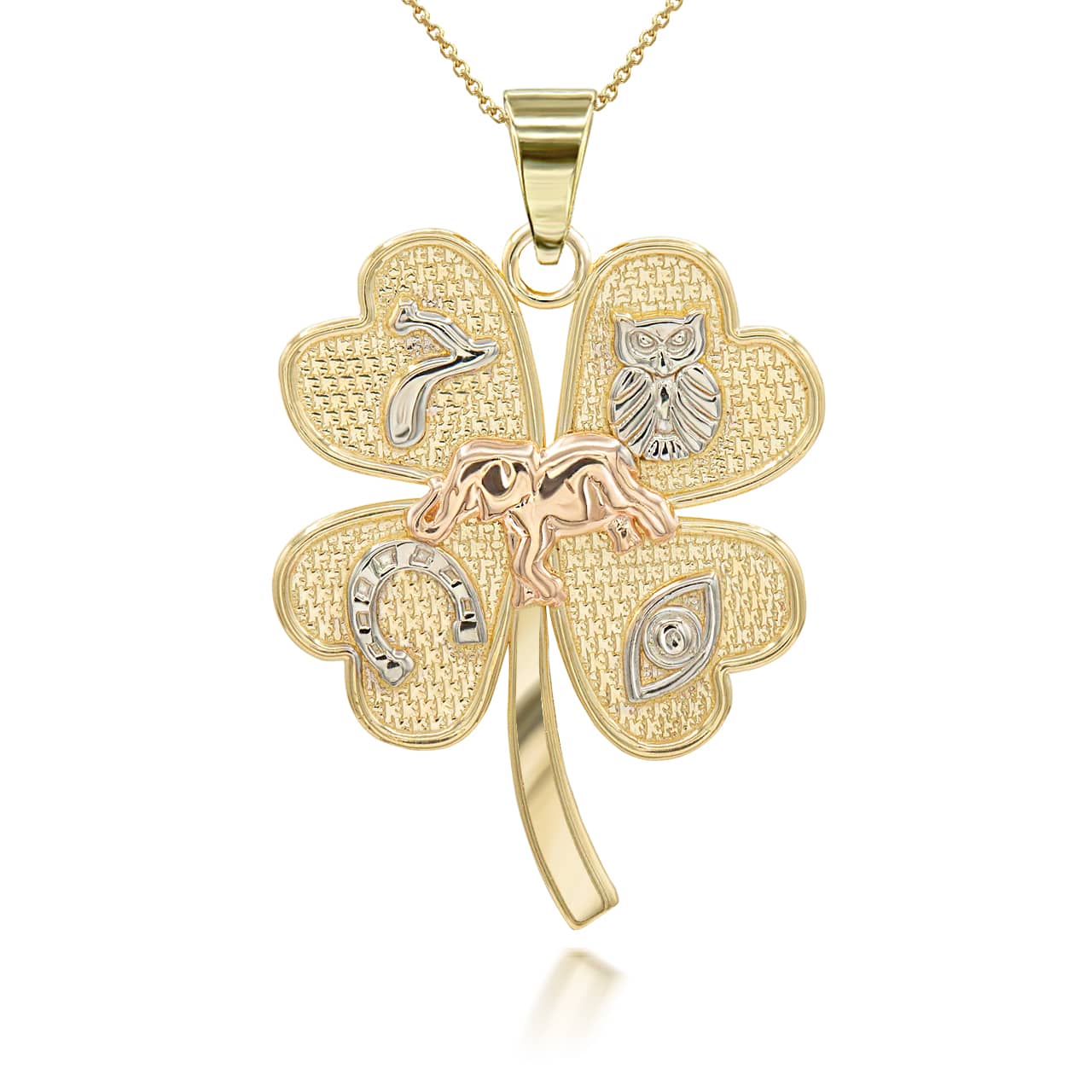 Gold Tri-Tone Four Leaf Clover Good Luck Charm Pendant Necklace, view 3