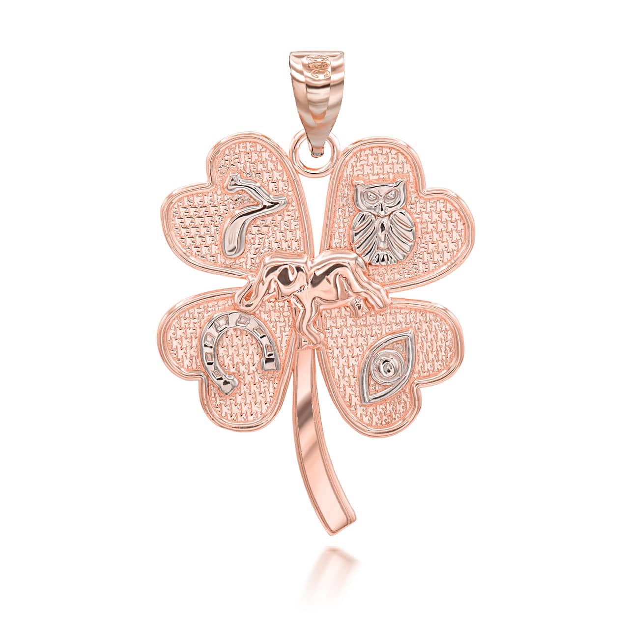 Gold Tri-Tone Four Leaf Clover Good Luck Charm Pendant Necklace, view 4