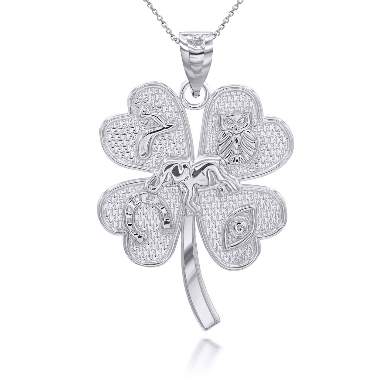 Gold Tri-Tone Four Leaf Clover Good Luck Charm Pendant Necklace, view 7