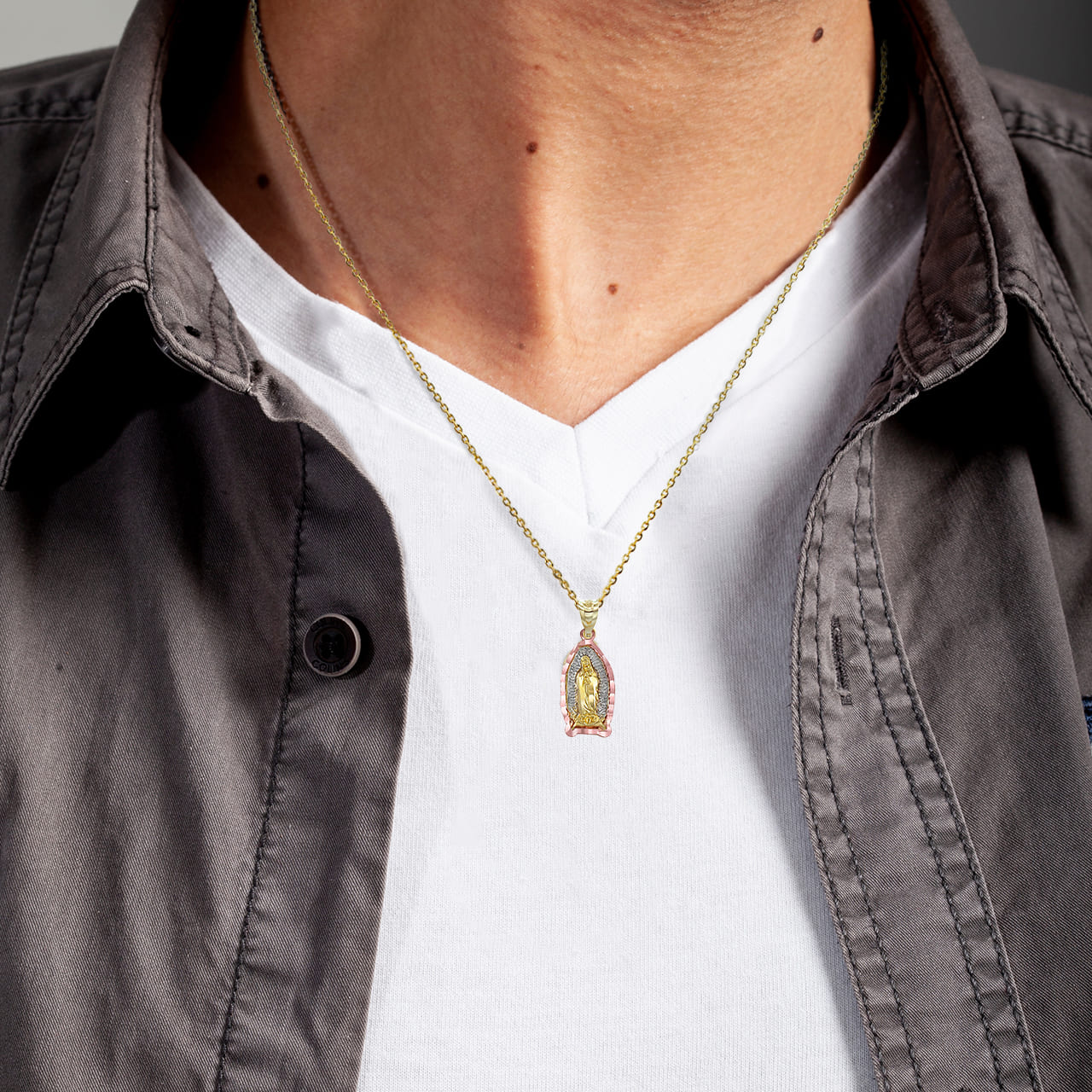 Gold Tri-Tone Our Lady Of Guadalupe Medium Pendant Necklace, view 2
