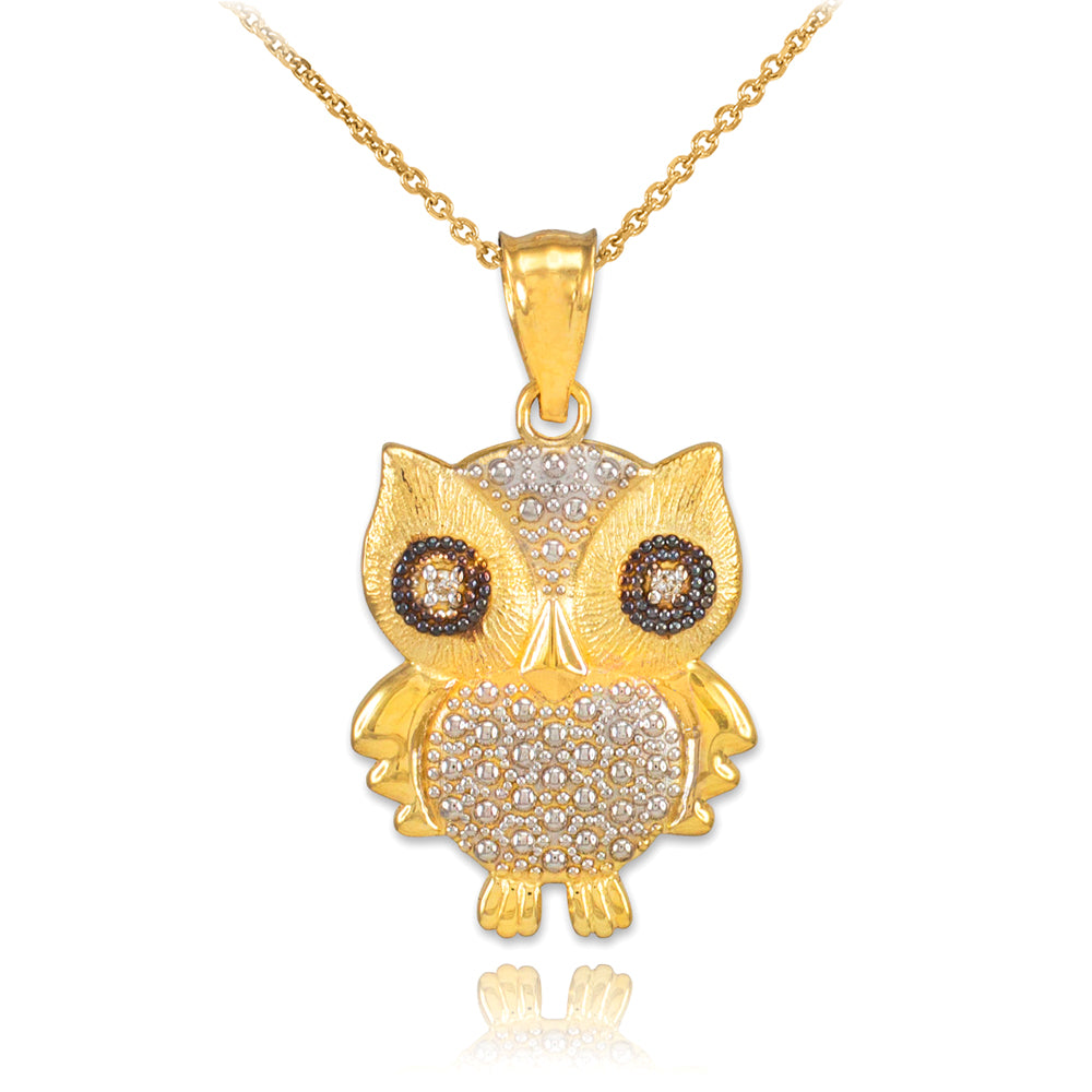 Gold Two-Tone Owl Pendant Necklace with Diamonds