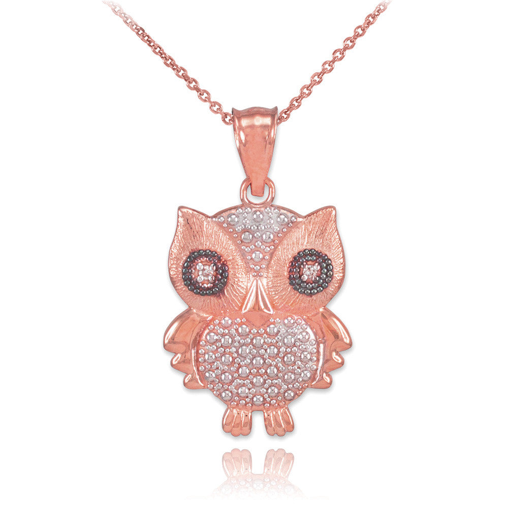 Gold Two-Tone Owl Pendant Necklace with Diamonds, view 3