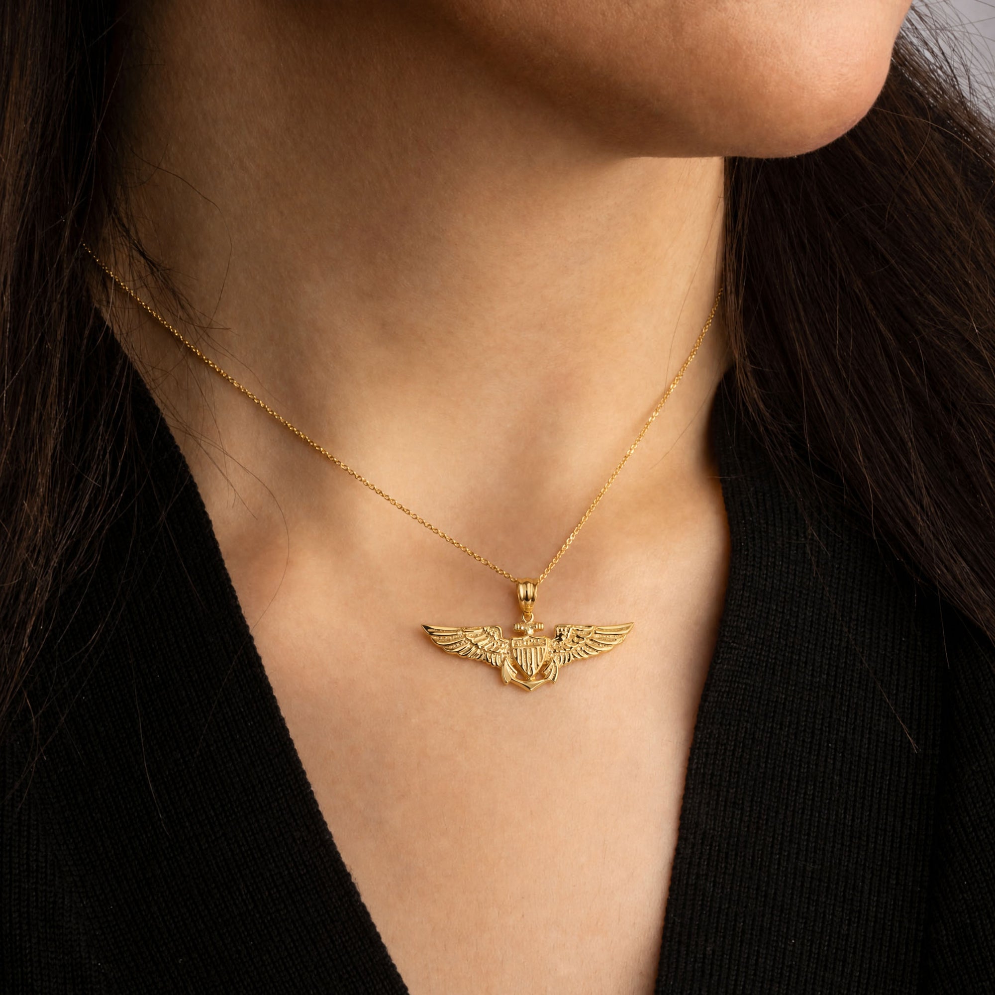 Gold United States Navy Officially Licensed Shield Eagle Anchor Emblem Pendant Necklace, view 2