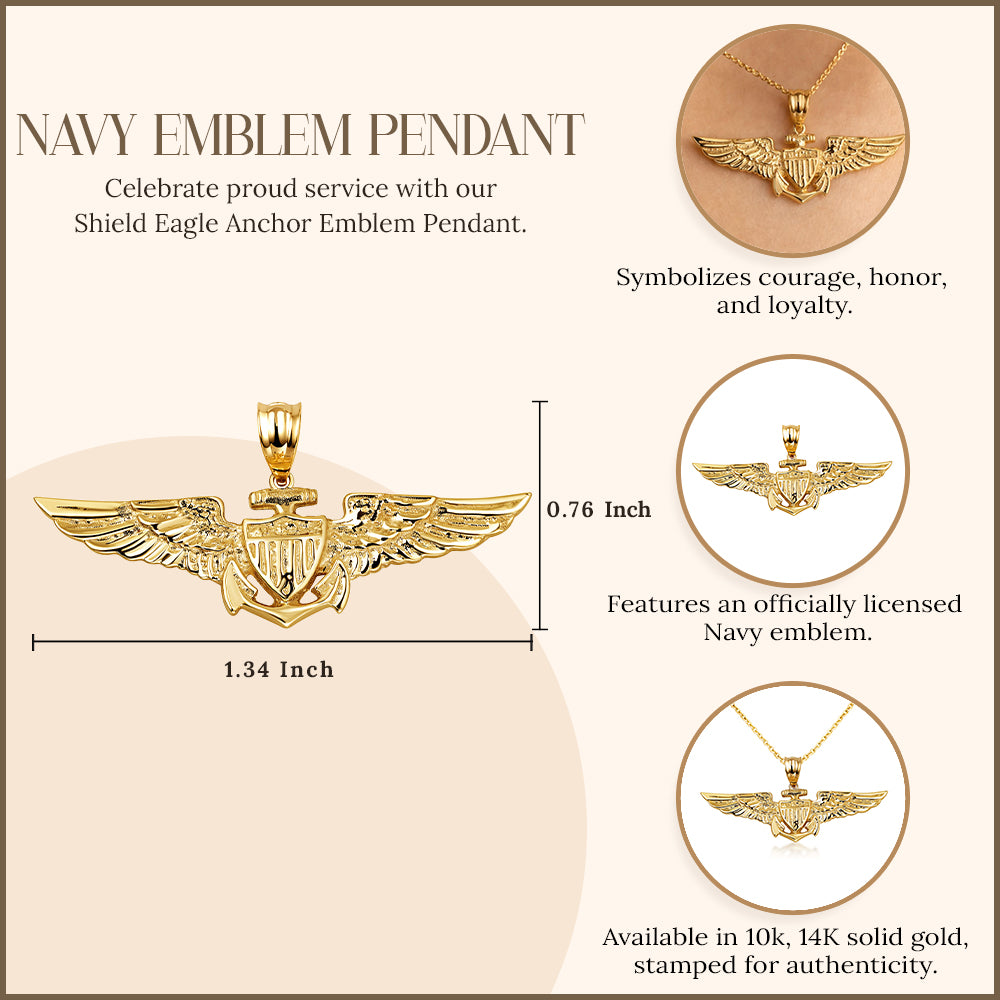 Gold United States Navy Officially Licensed Shield Eagle Anchor Emblem Pendant Necklace, view 3