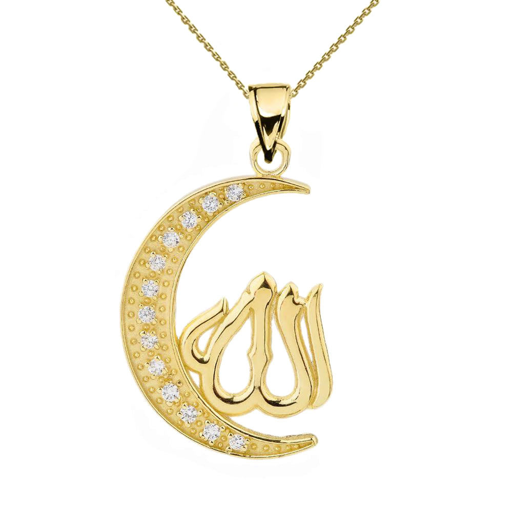 Gold with Cubic Zirconia Moon and Allah Pendant Necklace