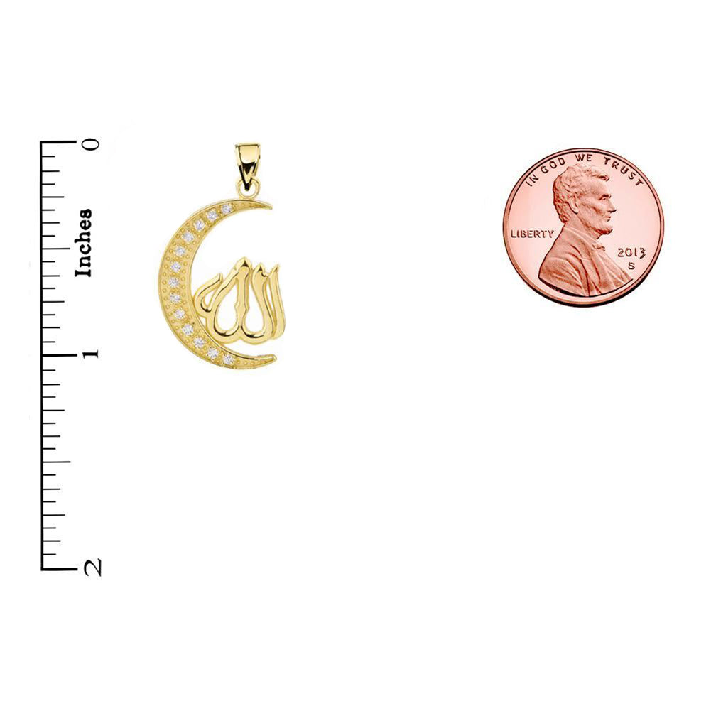 Gold with Cubic Zirconia Moon and Allah Pendant Necklace, view 2