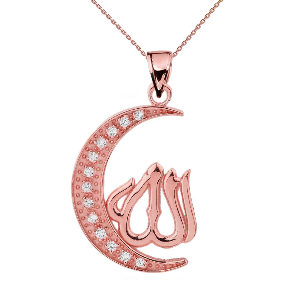 Gold with Cubic Zirconia Moon and Allah Pendant Necklace, view 3