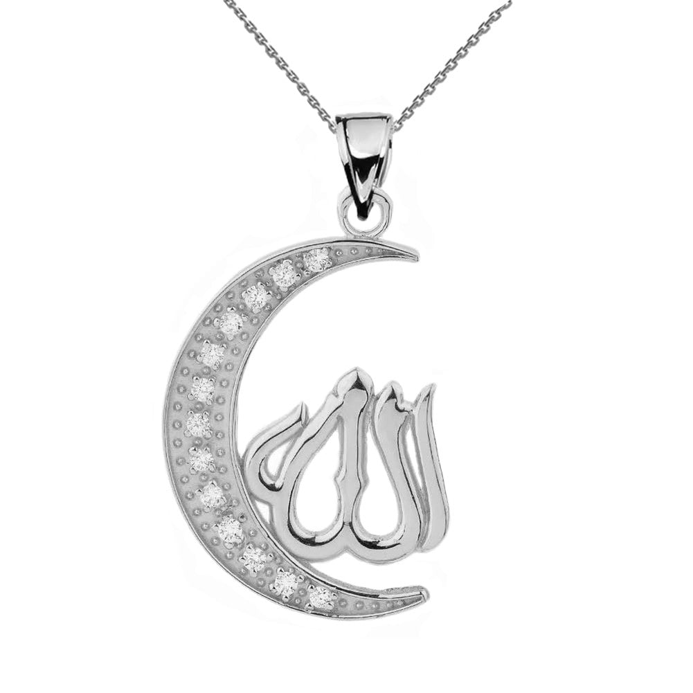 Gold with Cubic Zirconia Moon and Allah Pendant Necklace, view 4
