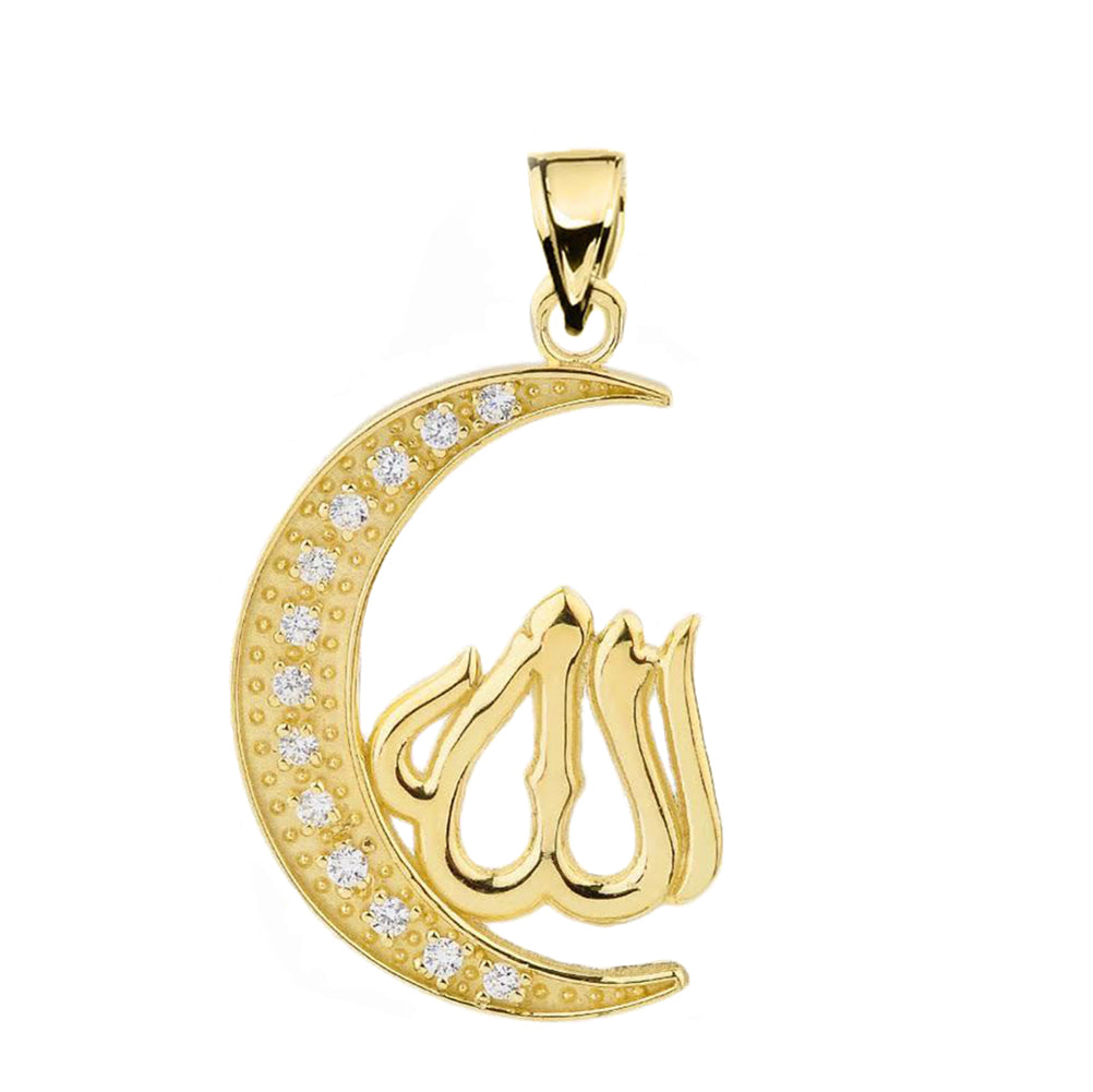Gold with Cubic Zirconia Moon and Allah Pendant Necklace, view 5