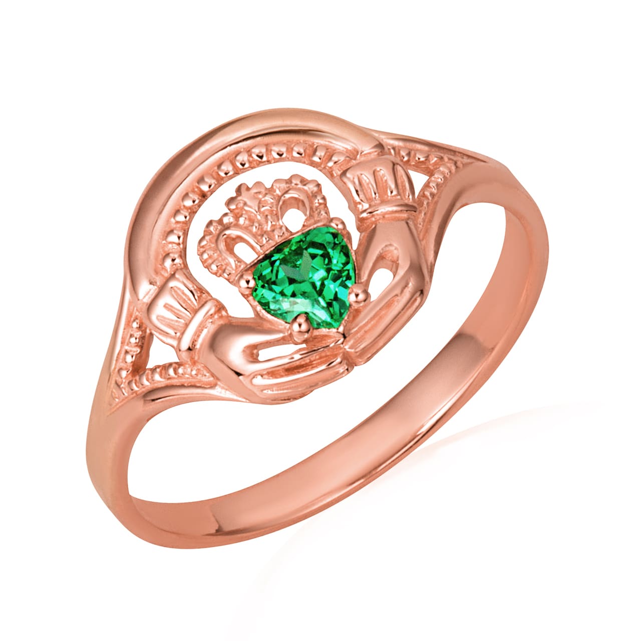 Gold Women's Alluring Emerald Claddagh Ring, view 4