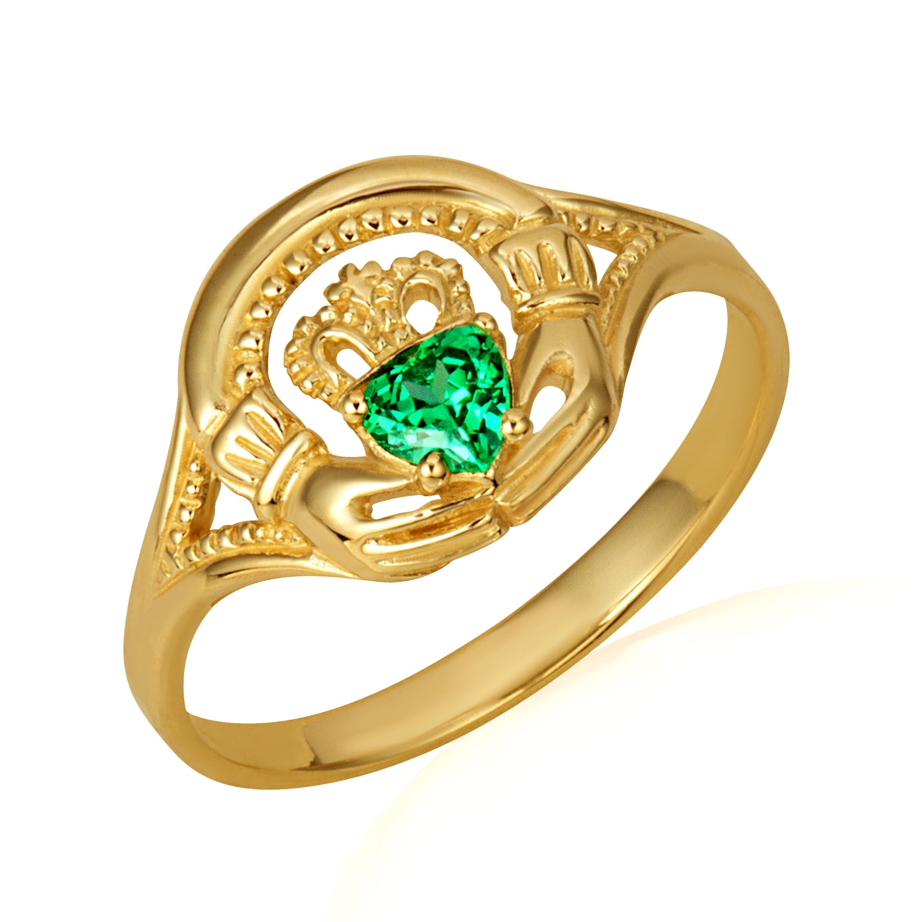 Gold Women's Alluring Emerald Claddagh Ring, view 5