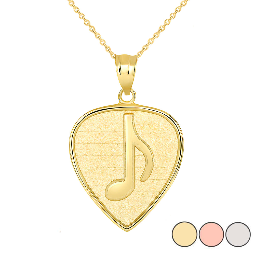 Guitar Pick with Engraved Music Note Pendant Necklace in Gold
