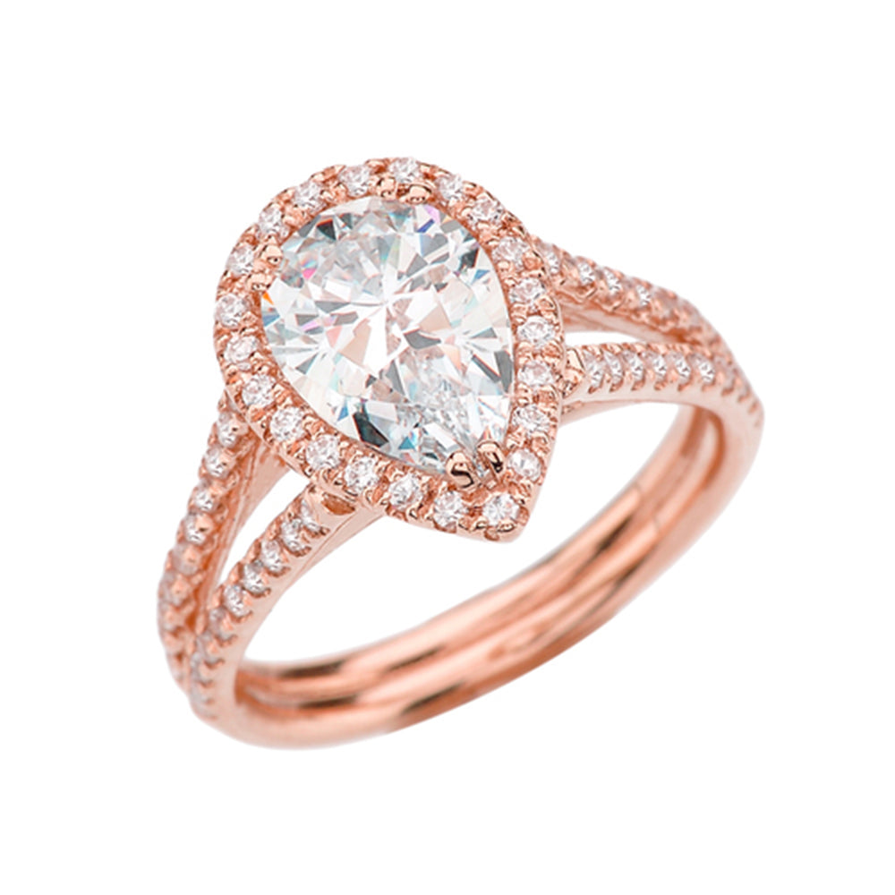 Halo Pear-Shaped Cubic Zirconia Center Engagement Ring in Rose Gold