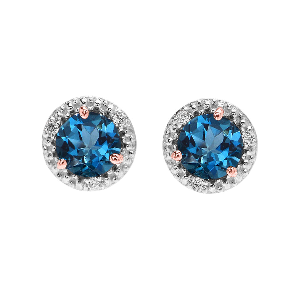 Halo Stud Earrings in Two-Tone Rose Gold with Solitaire London Blue Topaz and Diamonds
