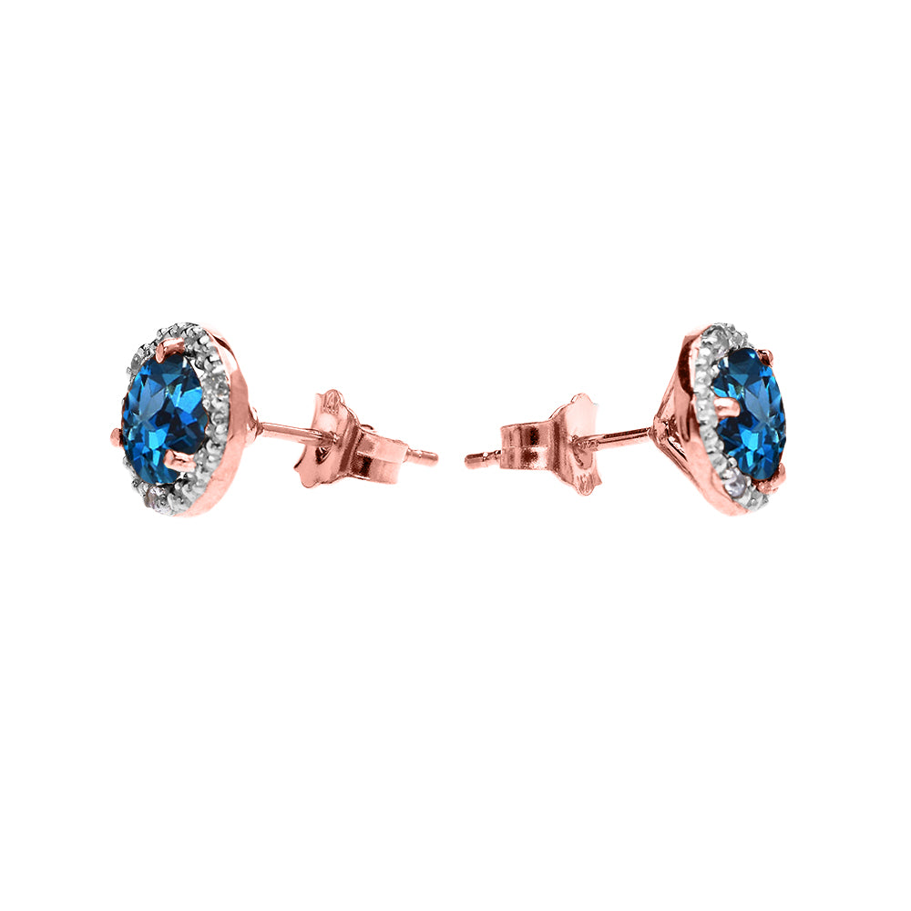 Halo Stud Earrings in Two-Tone Rose Gold with Solitaire London Blue Topaz and Diamonds, view 2