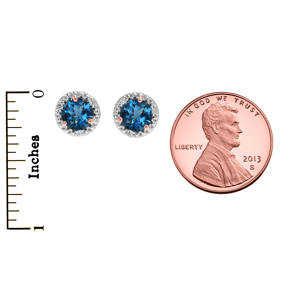 Halo Stud Earrings in Two-Tone Rose Gold with Solitaire London Blue Topaz and Diamonds, view 3